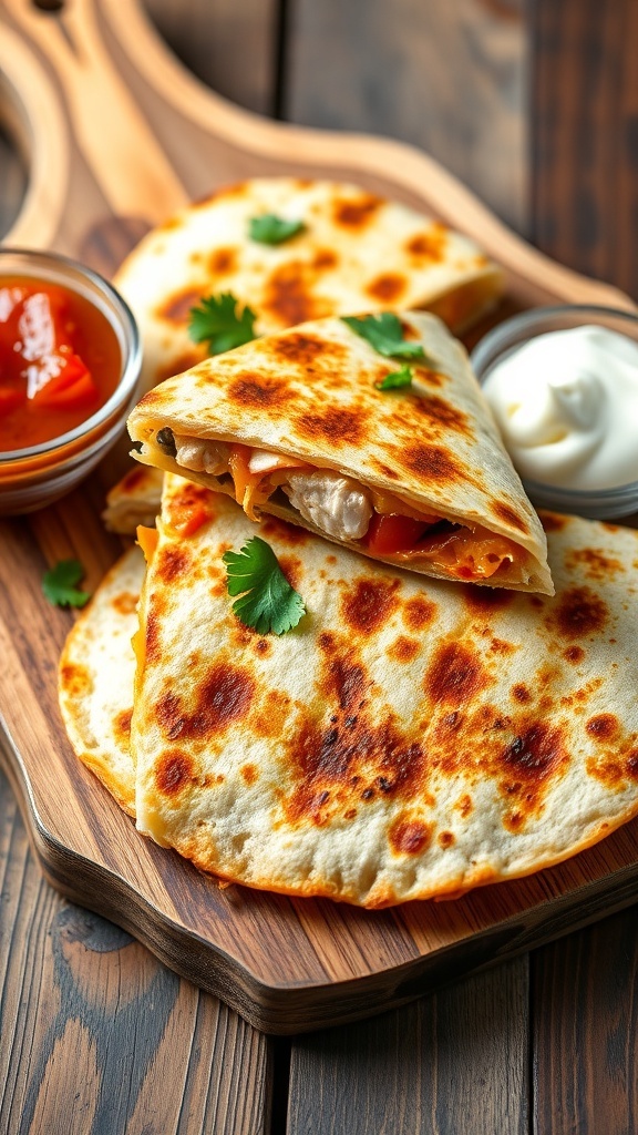 Grilled chicken quesadilla cut into wedges, served with salsa and sour cream on a wooden board.
